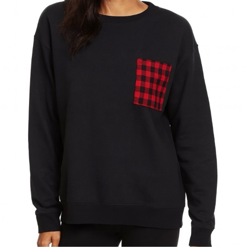 ZARA Buffalo Plaid Black Sweatshirt Red Check Pocket Cozy Pullover L